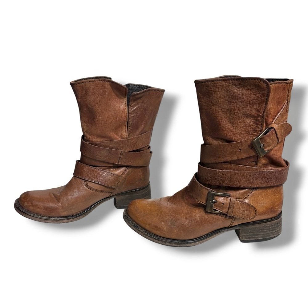 STEVE MADDEN Brewzzer Cognac Leather Belted Mid-Calf Moto Boots Size 7 - Picture 5 of 12
